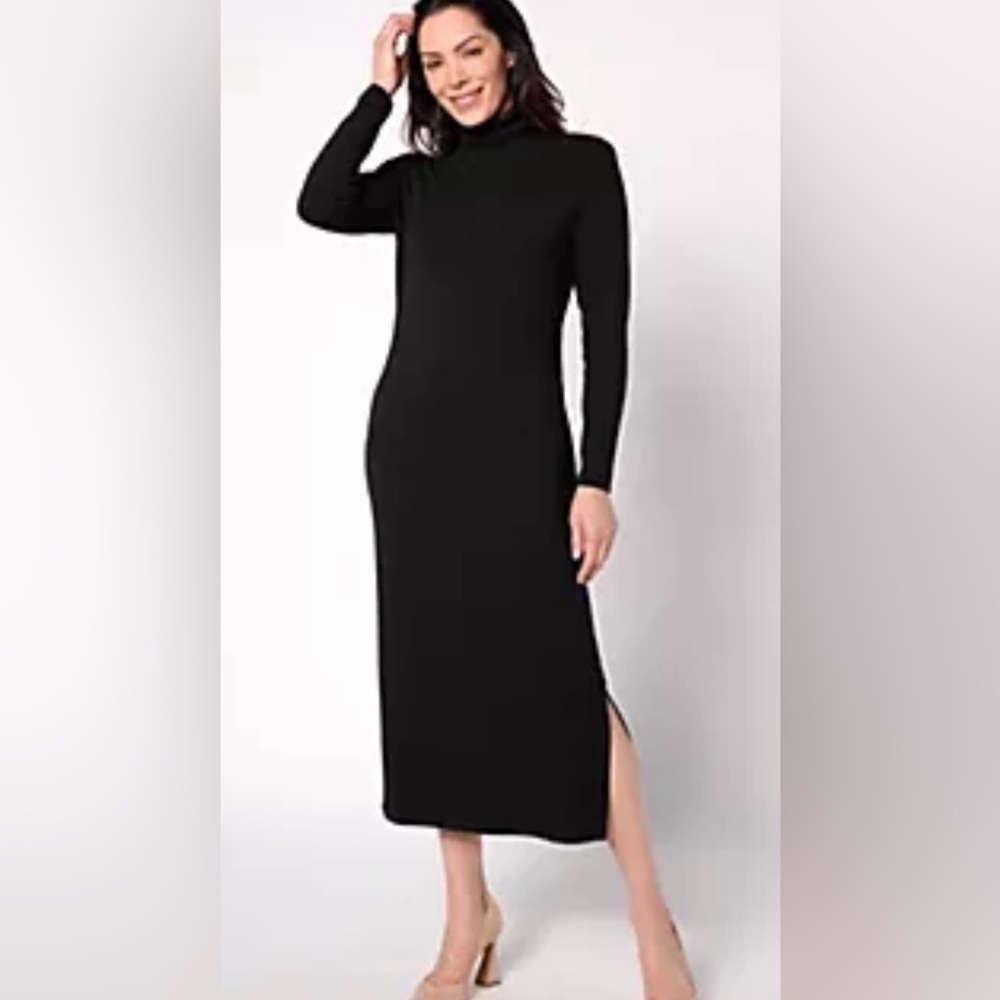 Women with Control L Petite Finespun Jersey Tummy Control Black Midi Dress
